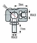PRIKLJUČEK AMORTIZERJA PVC s priključkom;  M5x0.8 = notranji navoj priključka;  M5x0.8 = zunanji navoj bučke;  zev ključa=10mm; L=19mm