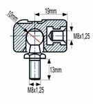 PRIKLJUČEK AMORTIZERJA PVC M8 s priključkom M8;    M8x1.25 = notranji navoj priključka;  M8x1.25 = zunanji navoj bučke;  zev ključa=13mm; L=19mm