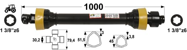 KARDAN T45 L= 1000 mm  S SKLOPKO PROSTOTEKOČO LEVI PROSTI TEK