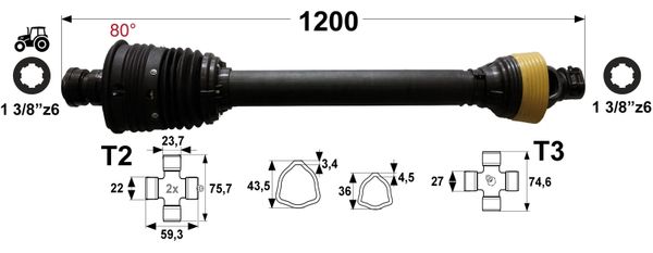 KARDAN T2-T3 L=1200 mm DIREKTNI Z ZGLOBOM ŠIROKOKOTNIM 80° KARDAN T2-T3 L=1200 mm DIREKTNI Z ZGLOBOM ŠIROKOKOTNIM 80°