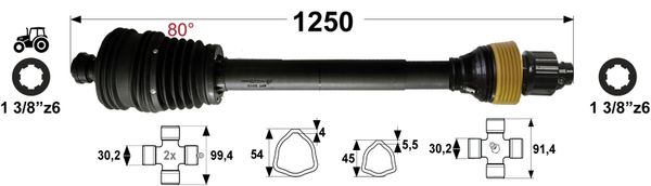 KARDAN T5 L= 1250 mm Z ZGLOBOM ŠIROKOKOTNIM 80° IN SKLOPKO ZVEZDASTO 900 Nm