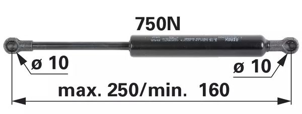 AMORTIZER KABINE VRAT L=250 F=750N DEUTZ-FAHR Agrotron 195, Agrotron 200, Agrotron L710, Agrotron L720, Agrotron M600, Agrotron 610, Agrotron 610 Prof