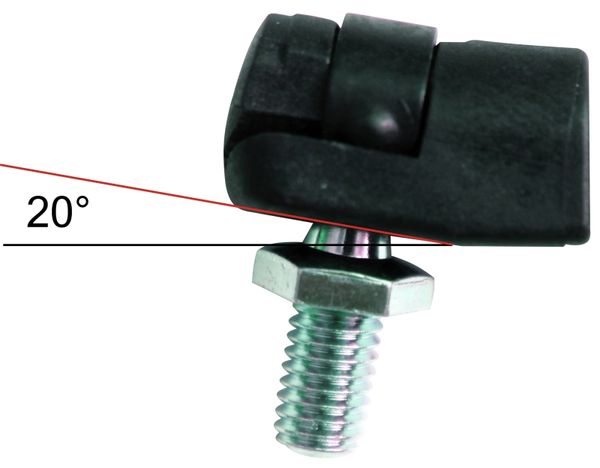 PRIKLJUČEK AMORTIZERJA PVC M6 s priključkom M6 ukrivljen 20°; M6x1 = notranji navoj priključka; M6x1 = zunanji navoj bučke; zev ključa=10mm; L=19 PRIKLJUČEK AMORTIZERJA PVC M6 s priključkom M6 ukrivljen 20°; M6x1 = notranji navoj priključka; M6x1 = zunanji navoj bučke; zev ključa=10mm; L=19