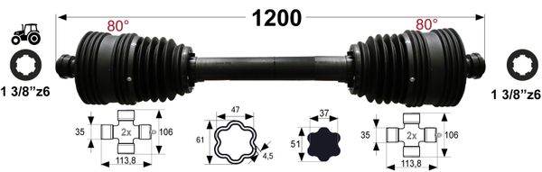 KARDAN X7 L=1200 mm DIREKTNI Z DVEMA ŠIROKOKOTNIMA ZGLOBOMA 80° KARDAN X7 L=1200 mm DIREKTNI Z DVEMA ŠIROKOKOTNIMA ZGLOBOMA 80°
