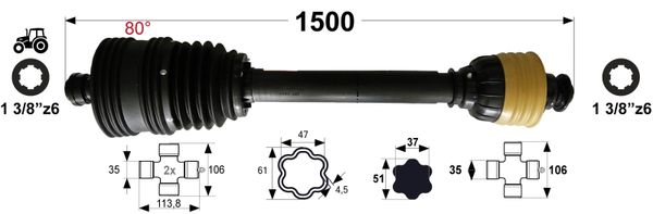 KARDAN X7 L=1500 mm DIREKTNI Z ZGLOBOM 80° KARDAN X7 L=1500 mm DIREKTNI Z ZGLOBOM 80°