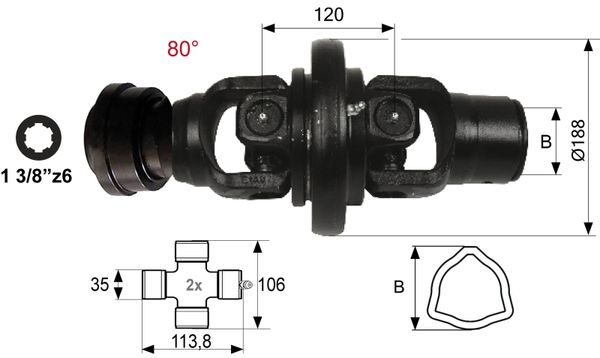 ZGLOB T7 ŠIROKOKOTNI 80° ZA CEV TRIKOTNO ZUNANJO B= 63 ZGLOB T7 ŠIROKOKOTNI 80° ZA CEV TRIKOTNO ZUNANJO B= 63