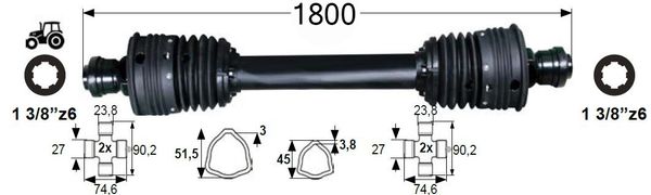 KARDAN PRIKLJUČKA T4 ŠIROKOKOTNI NA OBEH STRANEH L=1800mm 80° SPT KARDAN PRIKLJUČKA T4 ŠIROKOKOTNI NA OBEH STRANEH L=1800mm 80° SPT