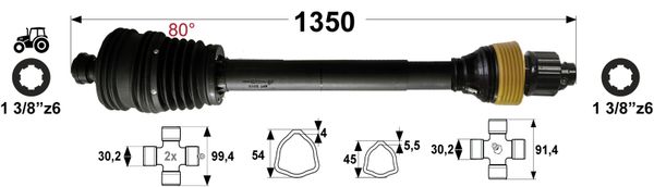 KARDAN T5 L= 1350 mm Z ZGLOBOM ŠIROKOKOTNIM 80° IN SKLOPKO ZVEZDASTO 1200 Nm